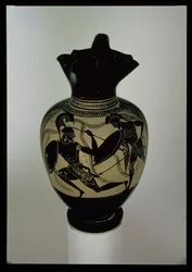 Athenian black-figure oinichoe decorated with two fighting warriors